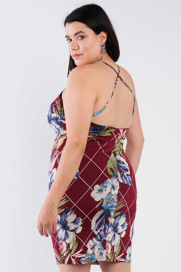 Plus Size Criss-cross Open Back Mini Floral Print Dress - Fashionmj