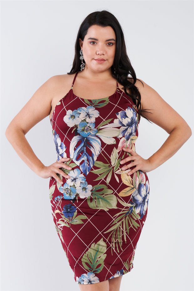 Plus Size Criss-cross Open Back Mini Floral Print Dress - Fashionmj