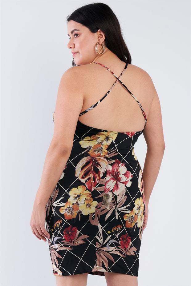 Plus Size Criss-cross Open Back Mini Floral Print Dress - Fashionmj