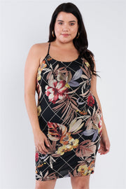 Plus Size Criss-cross Open Back Mini Floral Print Dress - Fashionmj