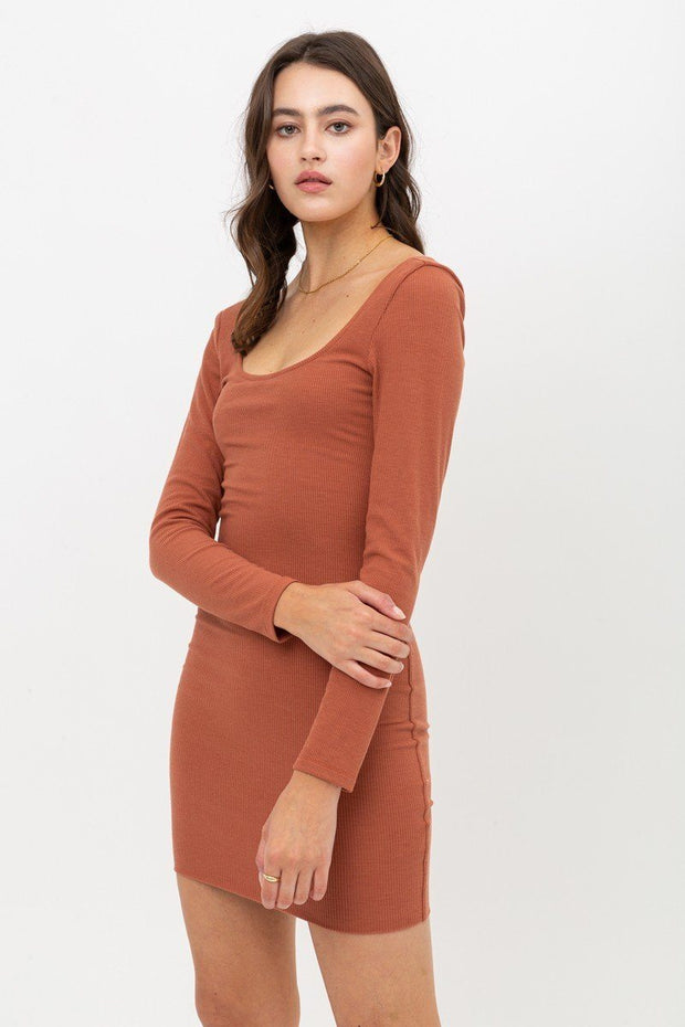 U Neck Of Front And Back Side, Basic Rib Dress With Long Sleeve - Fashionmj