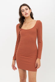 U Neck Of Front And Back Side, Basic Rib Dress With Long Sleeve - Fashionmj