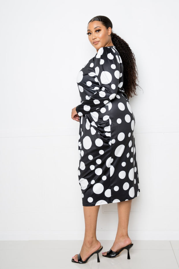 Polka Dot Drop Waist Ruched Midi Dress - Fashionmj