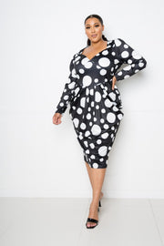 Polka Dot Drop Waist Ruched Midi Dress - Fashionmj