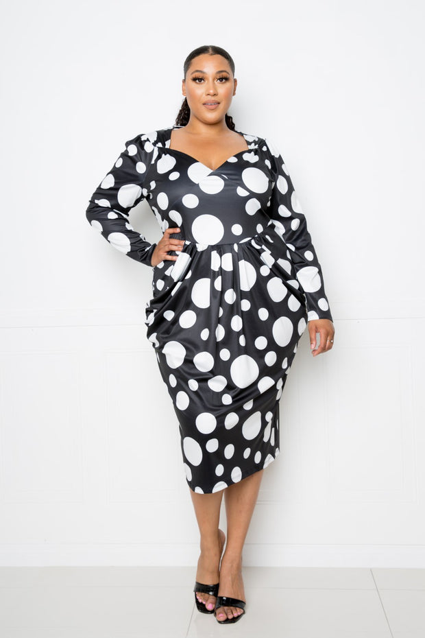 Polka Dot Drop Waist Ruched Midi Dress - Fashionmj