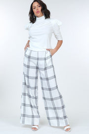 High Waist Plaid Print Wide Leg Pants - Fashionmj