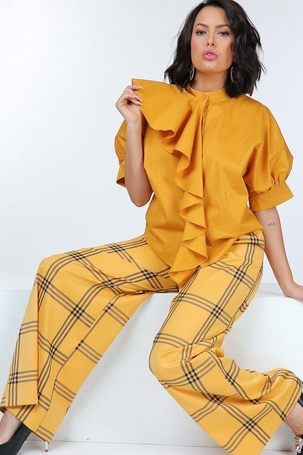 High Waist Plaid Print Wide Leg Pants - Fashionmj