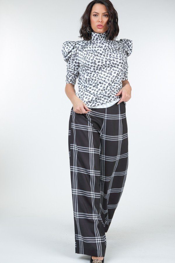 High Waist Plaid Print Wide Leg Pants - Fashionmj