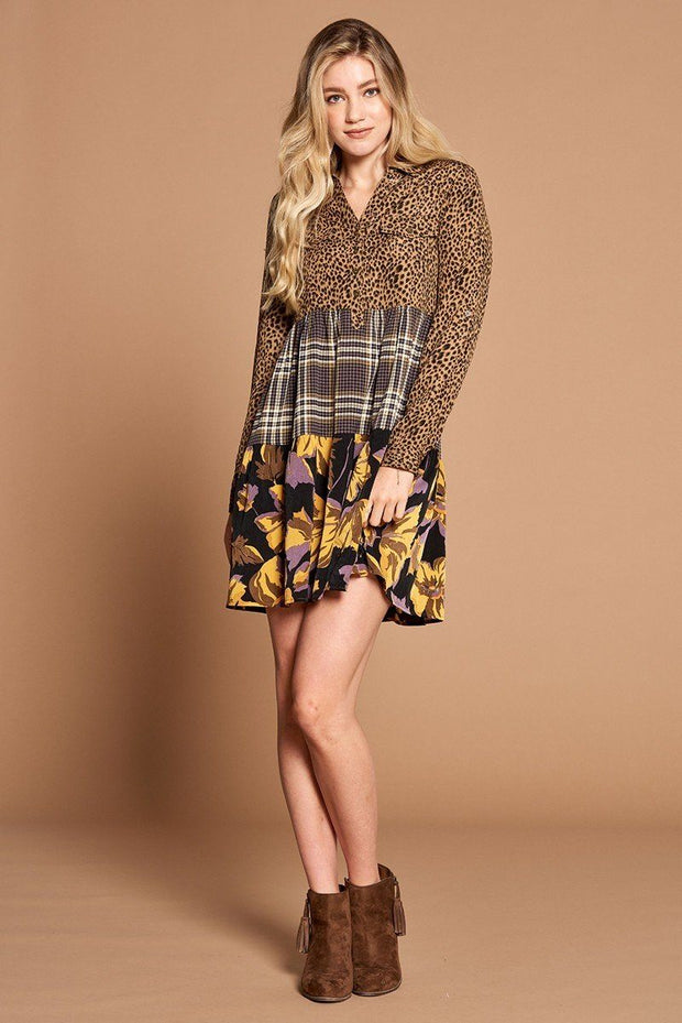 Cheetah Print Button-down Collard Shirt Dress - Fashionmj