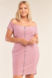 Plus Size Fitted Off-the-shoulder Front Zipper Bodycon Mini Dress - Fashionmj