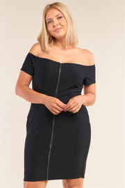 Plus Size Fitted Off-the-shoulder Front Zipper Bodycon Mini Dress - Fashionmj