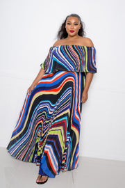 Geo Printed Off Shoulder Pleated Maxi Dress - Fashionmj