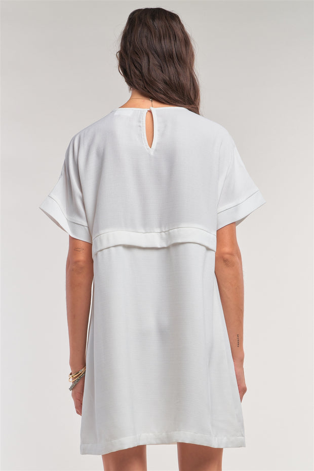 Off-white Short Sleeve Relaxed Fit Draw String Tie Waist Detail Mini Dress - Fashionmj