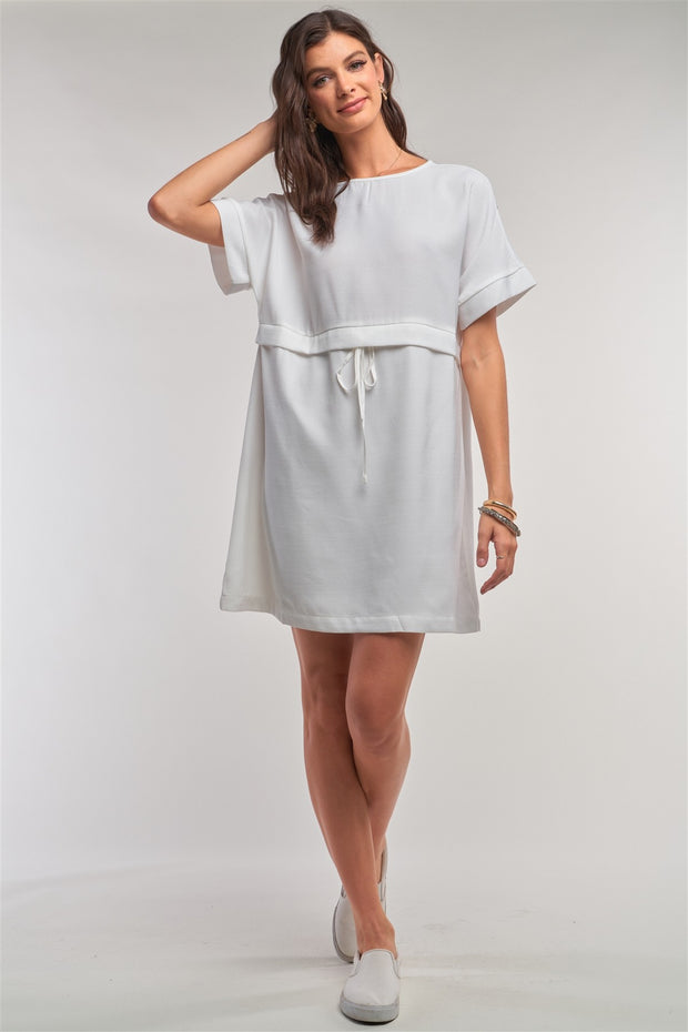 Off-white Short Sleeve Relaxed Fit Draw String Tie Waist Detail Mini Dress - Fashionmj