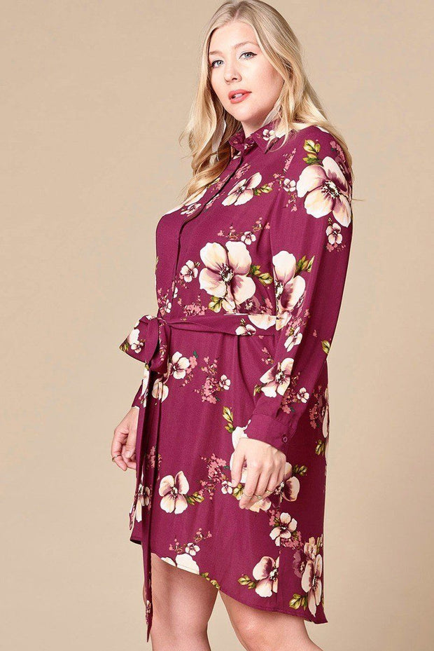 Floral Woven Button-down Collared Shirt Dress - Fashionmj