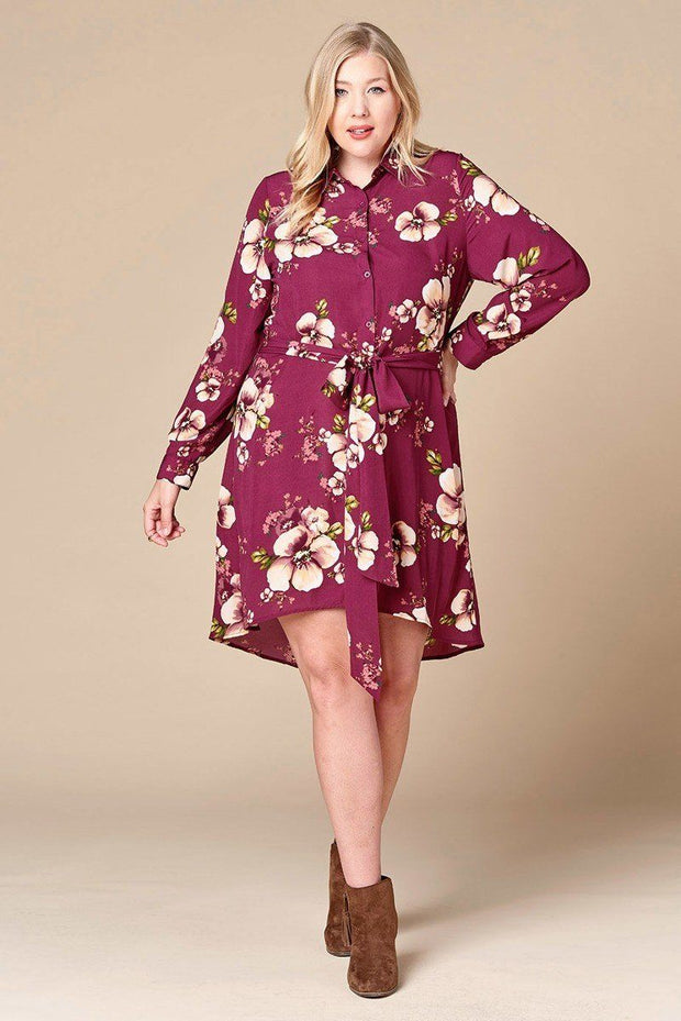 Floral Woven Button-down Collared Shirt Dress - Fashionmj