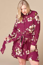 Floral Woven Button-down Collared Shirt Dress - Fashionmj