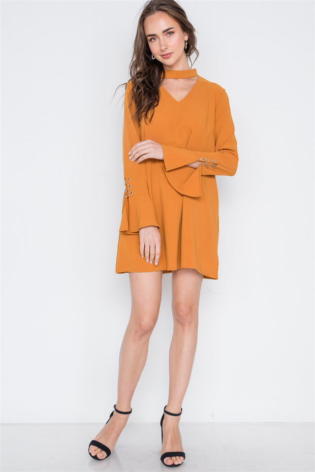 Long Sleeve V-cut Out Solid Mini Dress - Fashionmj