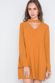 Long Sleeve V-cut Out Solid Mini Dress - Fashionmj