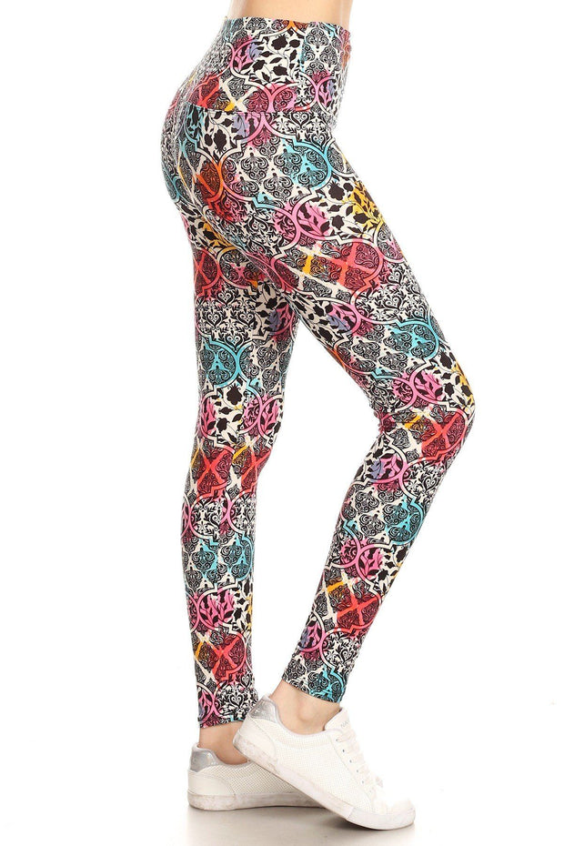 5-inch Long Yoga Style Banded Lined Damask Pattern Printed Knit Legging With High Waist - Fashionmj