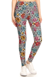 5-inch Long Yoga Style Banded Lined Damask Pattern Printed Knit Legging With High Waist - Fashionmj