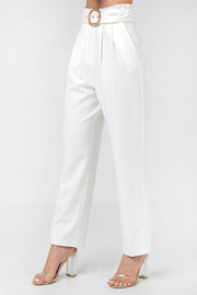 A Solid Pant Featuring Paperbag Waist With Rattan Buckle Belt - Fashionmj