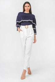 A Solid Pant Featuring Paperbag Waist With Rattan Buckle Belt - Fashionmj