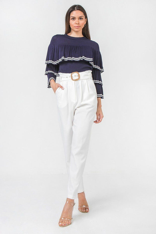 A Solid Pant Featuring Paperbag Waist With Rattan Buckle Belt - Fashionmj