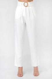 A Solid Pant Featuring Paperbag Waist With Rattan Buckle Belt - Fashionmj