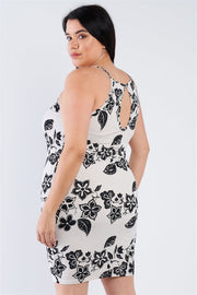 Plus Size Ivory Black Floral Basic Dress - Fashionmj