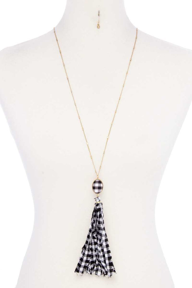 Checkered Pattern Fabric Tassel Necklace - Fashionmj