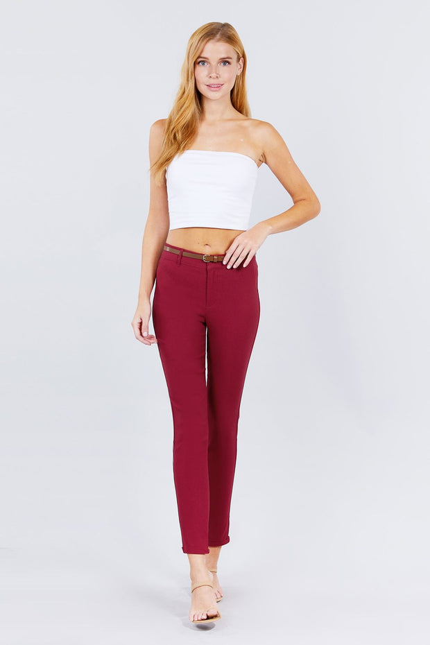 Belted Textured Long Pants - Fashionmj