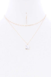 2 Layered Chain Metal Square Marbling Stone Pendant Necklace - Fashionmj