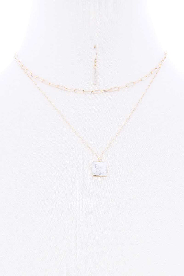 2 Layered Chain Metal Square Marbling Stone Pendant Necklace - Fashionmj