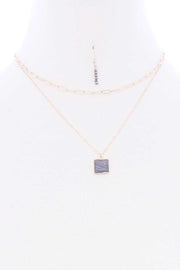 2 Layered Chain Metal Square Marbling Stone Pendant Necklace - Fashionmj