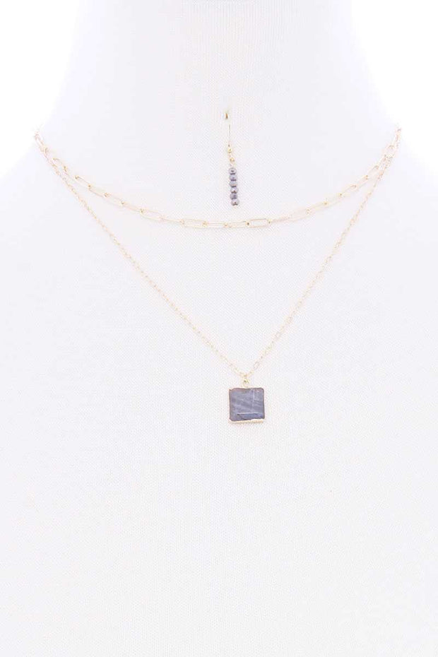 2 Layered Chain Metal Square Marbling Stone Pendant Necklace - Fashionmj