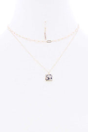 2 Layered Chain Metal Square Marbling Stone Pendant Necklace - Fashionmj