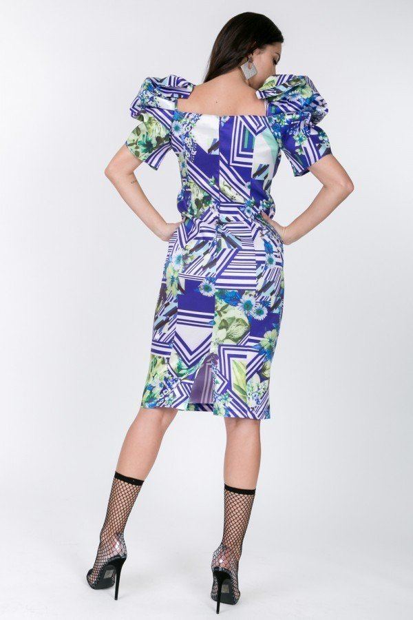 Puff Sleeve Bodycon Print Dress - Fashionmj