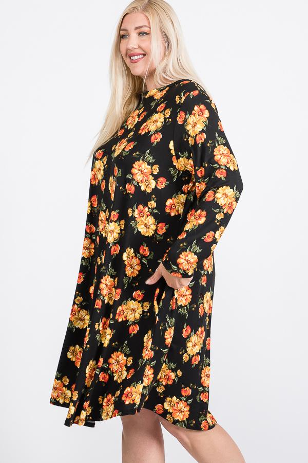 Floral Mock Neck Hidden Pocket Round Hem Midi Dress - Fashionmj