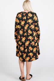 Floral Mock Neck Hidden Pocket Round Hem Midi Dress - Fashionmj