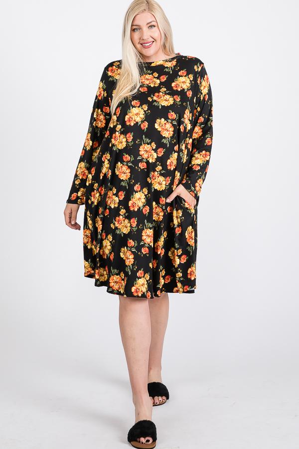 Floral Mock Neck Hidden Pocket Round Hem Midi Dress - Fashionmj