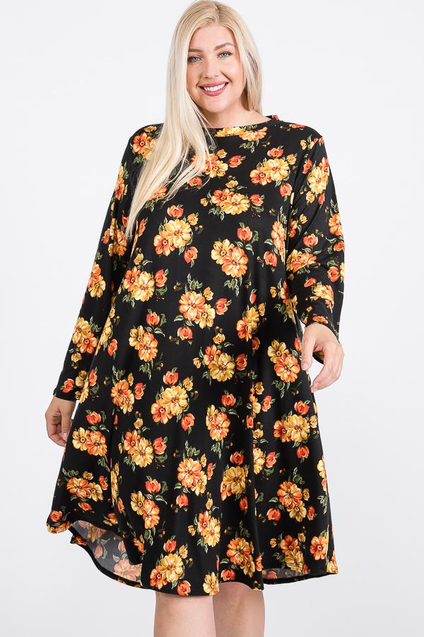 Floral Mock Neck Hidden Pocket Round Hem Midi Dress - Fashionmj