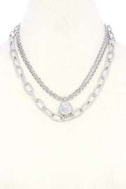 Metal Ball Oval Link Layered Necklace - Fashionmj