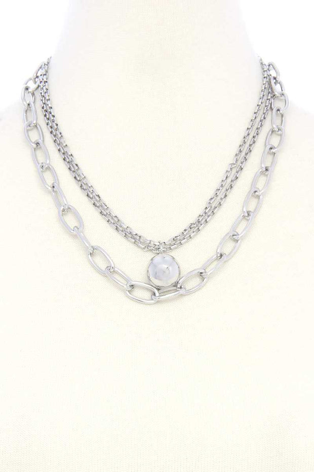 Metal Ball Oval Link Layered Necklace - Fashionmj