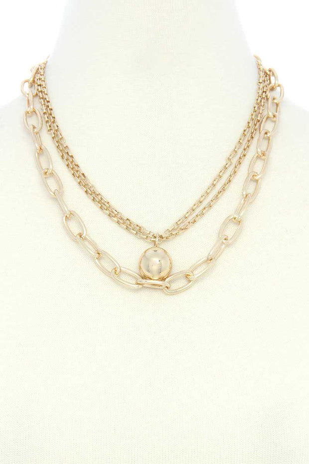 Metal Ball Oval Link Layered Necklace - Fashionmj