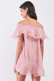 Pink Pleated Off-the-shoulder Double Layered Frill Trim Mini Dress - Fashionmj