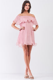 Pink Pleated Off-the-shoulder Double Layered Frill Trim Mini Dress - Fashionmj