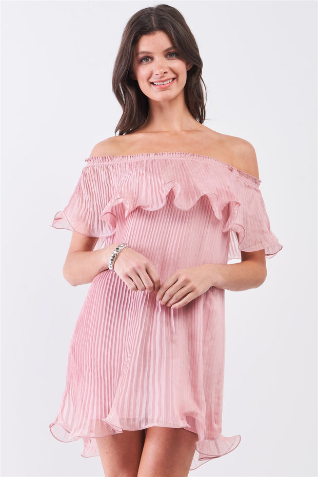 Pink Pleated Off-the-shoulder Double Layered Frill Trim Mini Dress - Fashionmj