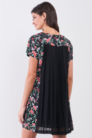 Black Multicolor Floral Print Pleated Back Detail Relaxed Mini Dress - Fashionmj