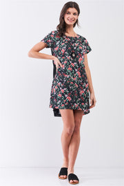 Black Multicolor Floral Print Pleated Back Detail Relaxed Mini Dress - Fashionmj